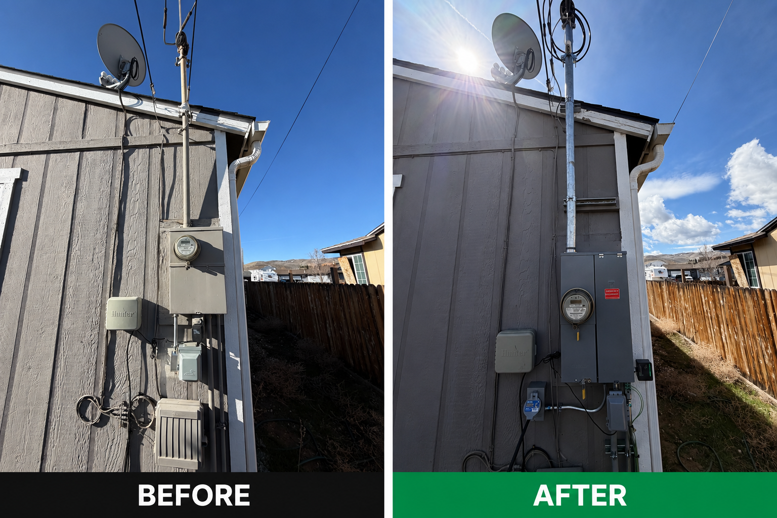 Before and after 125 amp outdoor service panel upgrade with generator inlet completed in Reno, Nevada.