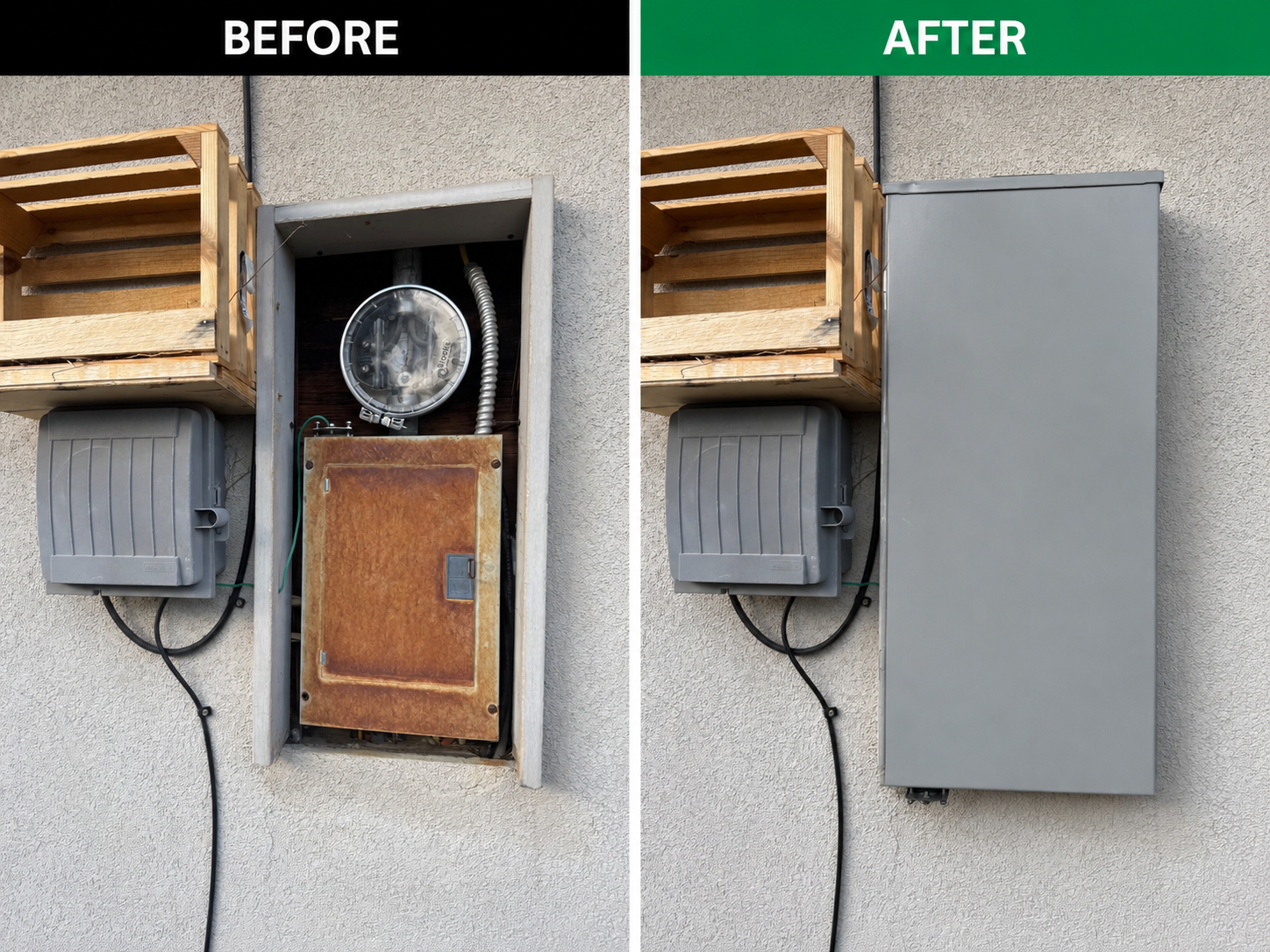 Before and after 200 amp outdoor electrical service panel upgrade completed in Reno, Nevada.