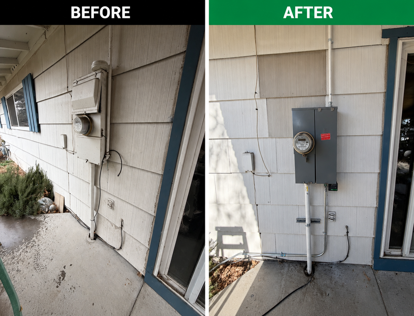 Before and after 100 amp outdoor electrical service panel upgrade completed in Sparks, Nevada.