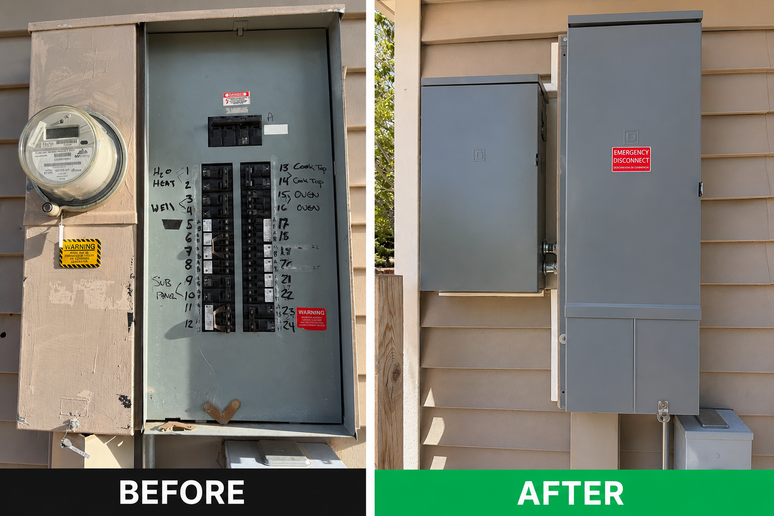 Before and after 175 amp service panel upgrade with solar disconnect reconnection in Washoe County, Nevada.